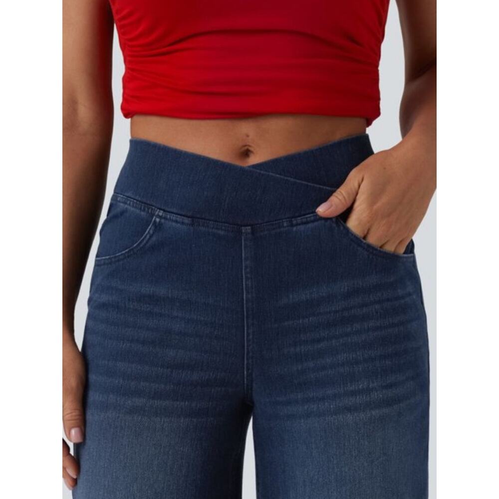 Halara Flex Dark Wash High Waisted Crossover Wide Leg Jeans - Picture 5 of 8